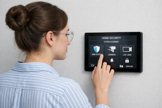 Smart home security control panel use by person on wall screen. Ai generative