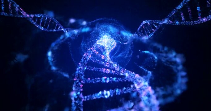 Abstract digital animation of DNA helix structure spinning in dark space.