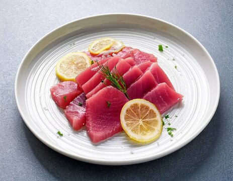 tuna stroganina with lemon and onion slices on a white plate fresh raw fish dish for gourmet appetizer