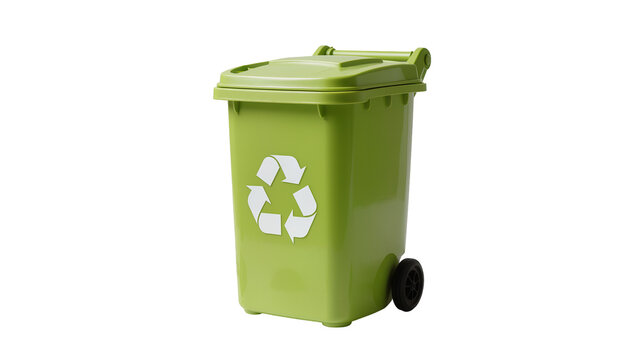 Green plastic recycling bin with lid and wheels
