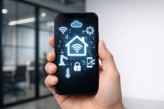 Smart home tech interface on smartphone screen in modern office background. Ai generative