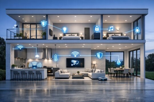 Modern smart home interior with connected tech icons concept. Ai generative