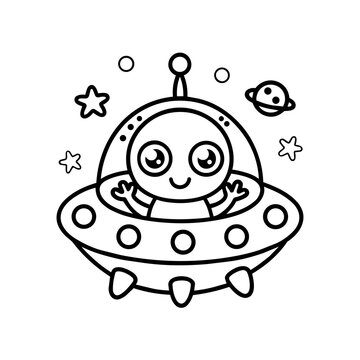 space journey field trip cute alien line art hand drawn black and white outline