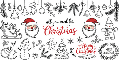 Hand drawn Christmas doodle vector set with Santa Claus, snowman, gingerbread man, ornaments, and holiday greetings for seasonal cards © Md