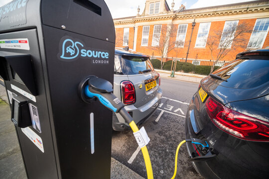 LONDON - FEBRUARY 24, 2026: Source London EV charging point close up North Kensington W10