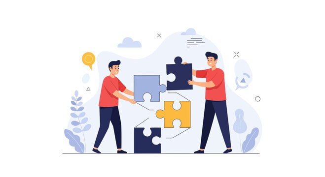 Teamwork and collaboration: people assembling jigsaw puzzle pieces, business concept