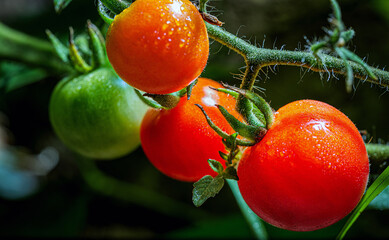 Fresh Red Tomatoes Growing on vine with droplets on Organic Garden © NARONG