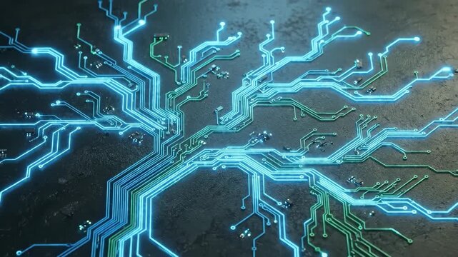 Animated branching circuit network growth. Glowing blue and green pathways forming connections on dark background. Digital neural technology and data flow concept.