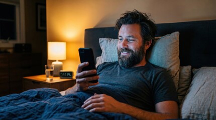 Fototapeta premium Man in bed at night browses smartphone. Bright screen light illuminates his face. Person has tired and focused expression while scrolling news feed, c