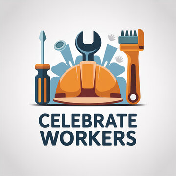 A graphic illustration celebrating workers with tools and a hard hat
