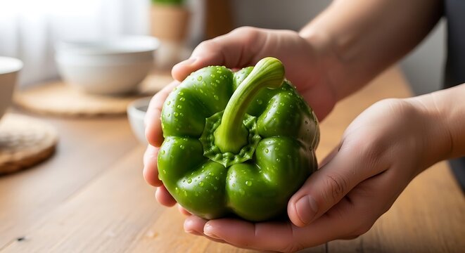 person holding green bell pepper on wooden kitchen table. poivron vert