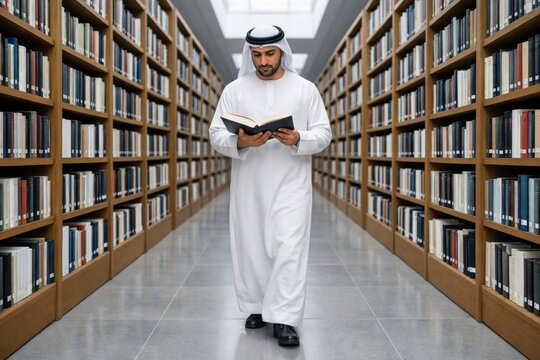 Student man reading book in large modern library hall. Ai generative