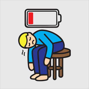 Exhausted man with low battery icon above his head.