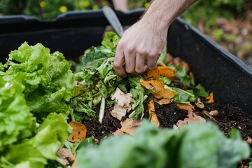 Fototapeta premium Gardener adding kitchen scraps to compost in a backyard in spring