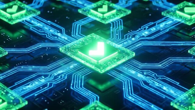 Animated green checkmarks lighting up on blue digital circuit network. Successful data verification and connection process in futuristic technology visualization.