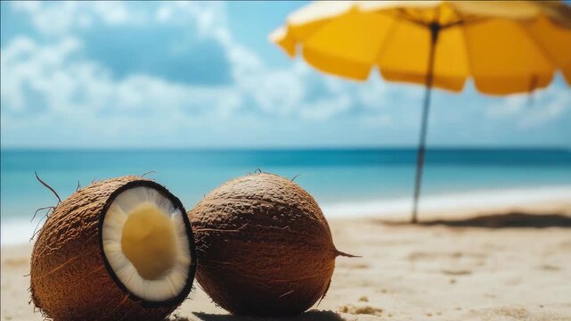 Beautiful summer scene with coconut shells in white sand by ocean under blue sky.
