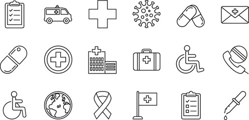Healthcare medical hospital icons, emergency ambulance virus graphics, medicine pharmacy pill symbols, global health awareness design, professional medical illustration © Md Zahidul