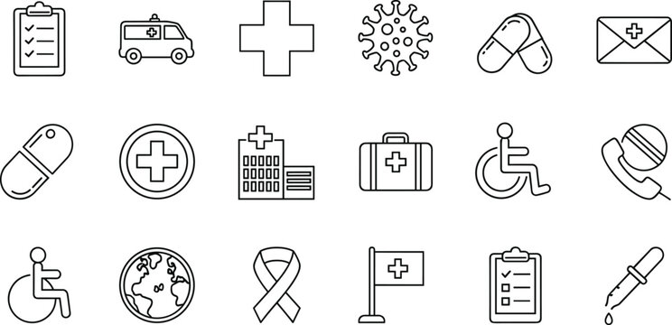 Healthcare medical hospital icons, emergency ambulance virus graphics, medicine pharmacy pill symbols, global health awareness design, professional medical illustration