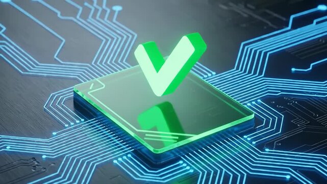 Green checkmark forming on circuit board. Digital verification animation symbolizing success and approval in technology.