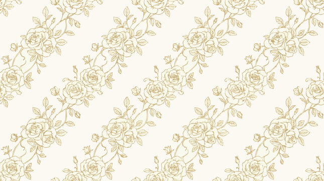 Elegant beige and gold floral pattern, delicate rose vine design on a cream background, seamless repeat for wallpaper or fabric