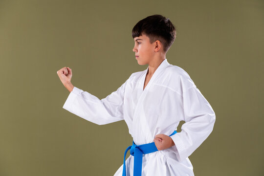 Shotokan reverse punch , gyaku zuki,  in a strong stance, showing proper form, focus, and controlled striking technique.