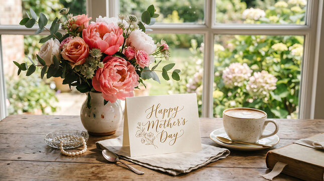Beautiful Mother's Day still life featuring a fresh bouquet of pink peonies and roses in a ceramic vase, an elegant greeting card, a cup of coffee, pearls, and a vintage book on a rustic wooden table