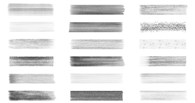 Isolated black pencil lines. A set of pencil hatchings of varying hardness and using various hatching techniques on a white background. Vector line illustrations.
