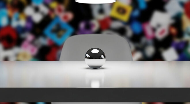 Reflective chrome sphere on white table with colorful bokeh background. Futuristic metal ball mockup for technology, artificial intelligence, and modern innovation concept.