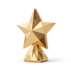 Naklejka premium A shiny golden decorative star with a geometric faceted design stands upright isolated on a clean white studio background for holiday celebrations and festive interior design concepts
