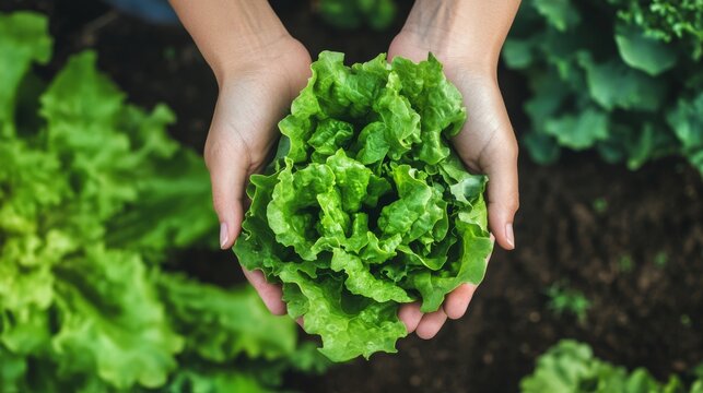 Hands hold fresh green lettuce in a garden while the sun shines above during daytime in this outdoor gardening scene