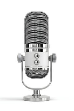 A modern silver and white professional studio condenser microphone stands upright against a plain white background for podcast recording or live audio broadcasting and professional voice over work