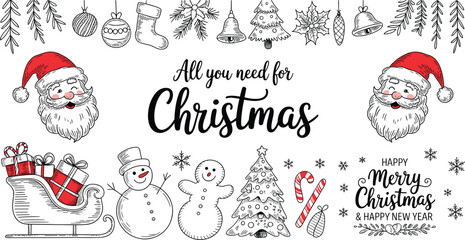 Hand drawn Christmas doodle vector set with Santa Claus, snowman, gingerbread man, ornaments, and holiday greetings for seasonal cards © Md