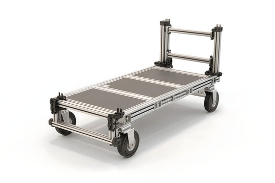 A professional industrial dolly cart with a metal frame and wheels standing empty on a clean white background for moving heavy equipment in a studio or warehouse setting