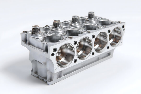 A close up view of a polished metal car engine cylinder head isolated on a clean white studio background showing the precision engineering of internal combustion engine components