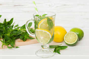 Fototapeta premium Mojito cocktail. Refreshing mojito cocktail with lime, lemon and mint in a tall glass with a stick