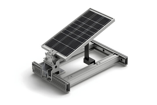 A technical studio render of a small solar panel mounted on a metal frame structure to illustrate renewable energy technology and sustainable power generation components for clean energy systems