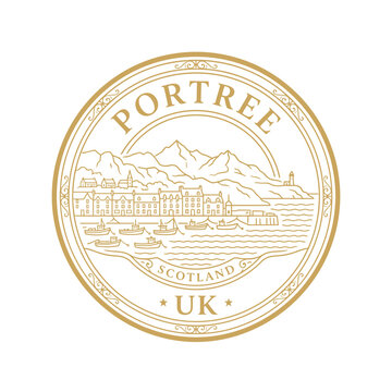 Portree Scotland circular emblem featuring coastal harbor and mountains gold vector illustration