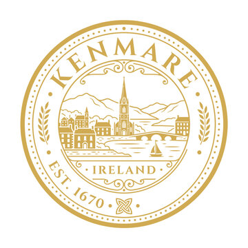 Vintage circular Kenmare Ireland seal with mountain landscape vector illustration