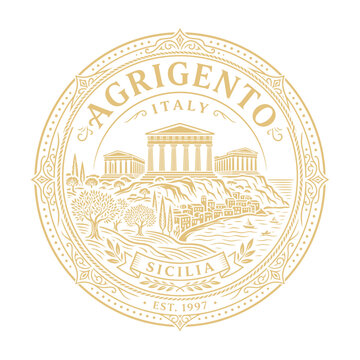 Vintage gold Agrigento Sicily emblem with Greek temples and coastal landscape vector illustration
