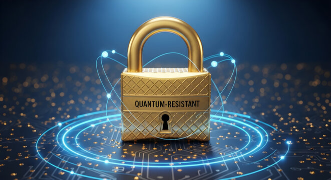 A golden padlock with the text quantumresistant floating above a digital circuit board with glowing blue data rings