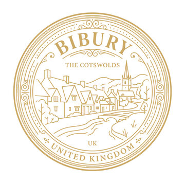 Vintage gold circular emblem of Bibury Cotswolds United Kingdom village line art illustration