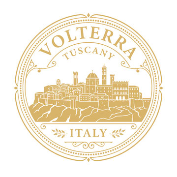 Volterra Tuscany Italy circular skyline emblem with decorative gold border vector illustration