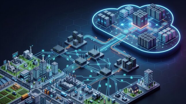 Explore Data Center Technology With Cloud Infrastructure and IoT Edge in a Detailed Isometric View of a Smart City Setup
