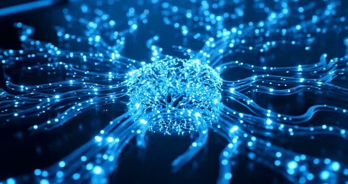 Futuristic robotic arm manufacturing intricate glowing blue neural network circuitry.