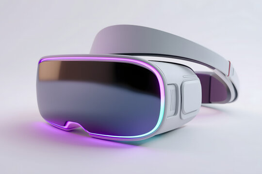 A modern white virtual reality headset sits on a plain white surface with glowing purple neon lights reflecting on the edges to represent advanced gaming and immersive digital technology