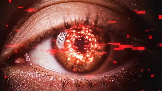 Animated sequence of womans eye with intensifying fiery glow. Digital flame effect building in brown iris. Cyber glitch vision and intense supernatural stare concept.