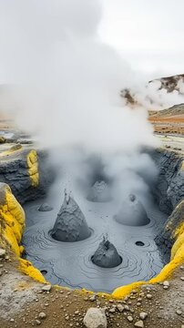 Geothermal mud pots boiling in the volcanic landscape of Hverir Iceland.