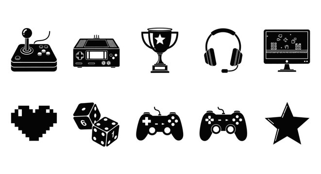 Black icons of gaming accessories.