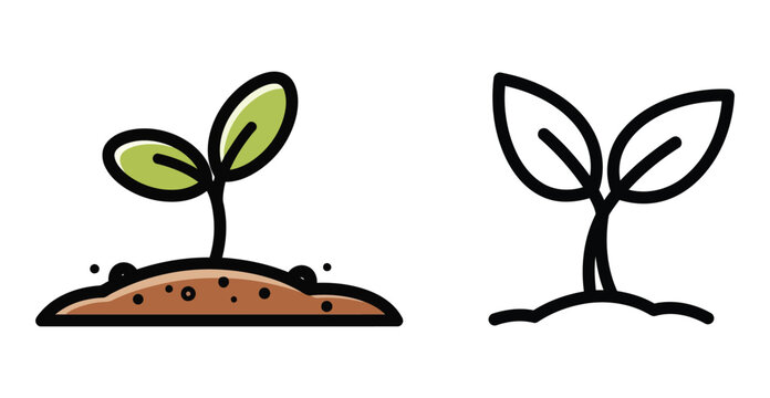 This clean vector illustration graphic design features a simple, stylized representation of a sprouting seedling emerging from the soil on the left and a minimalist line art version of a sprout