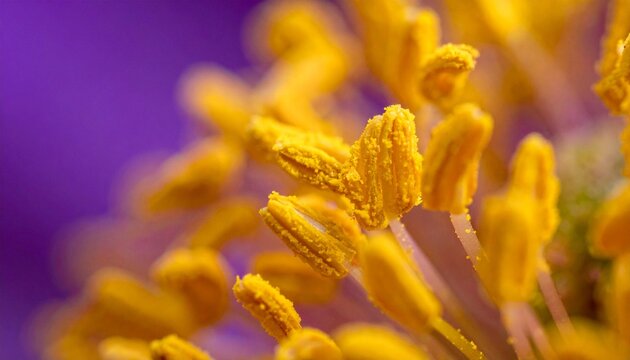 High magnification macro of flower stamens covered in brilliant golden yellow pollen grains.